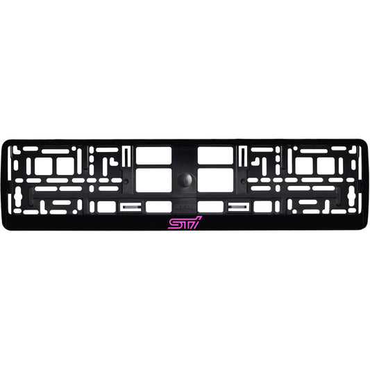 gloss black license plate frame with pink sti logo