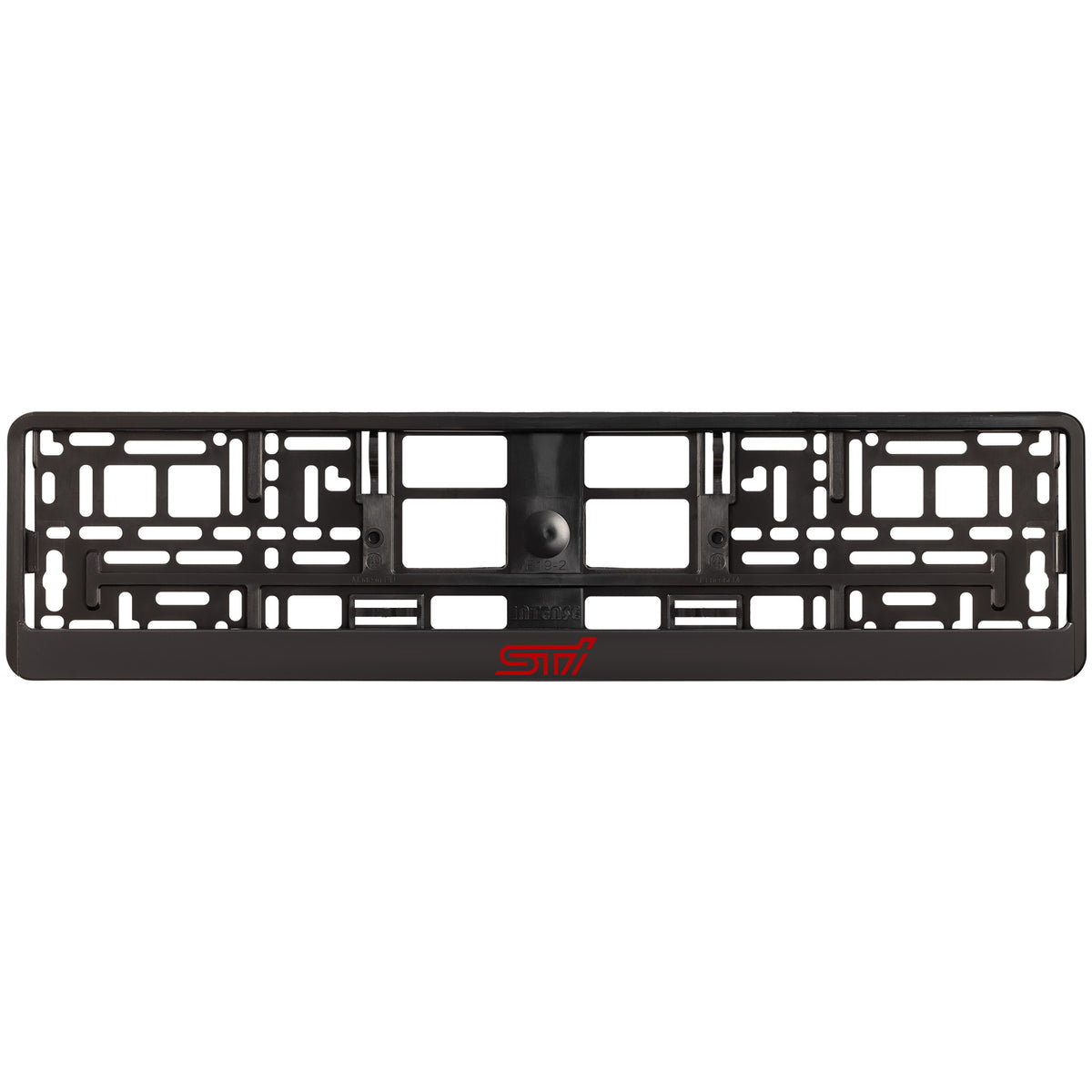 
        black license plate frame with red sti logo
     