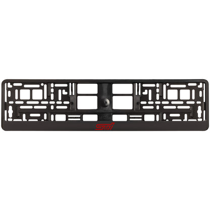 black license plate frame with red sti logo