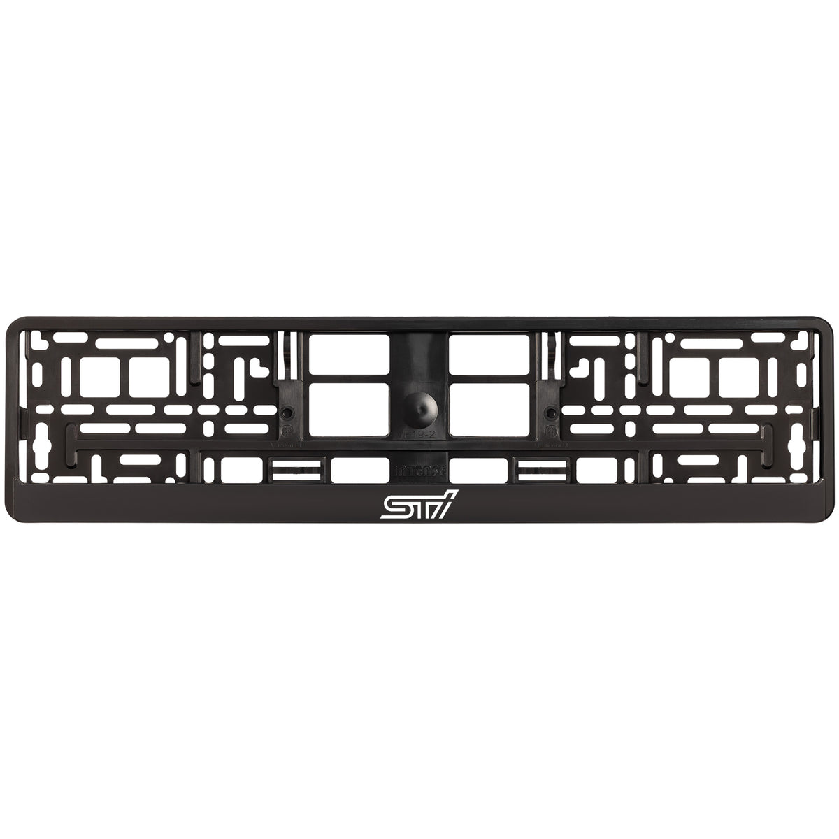 
        black license plate frame with white sti logo
     