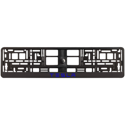 black license plate frame with blue tesla text