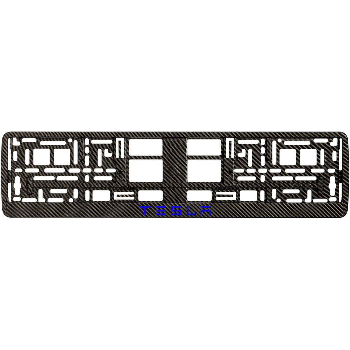 
        carbon license plate frame with blue tesla text
     