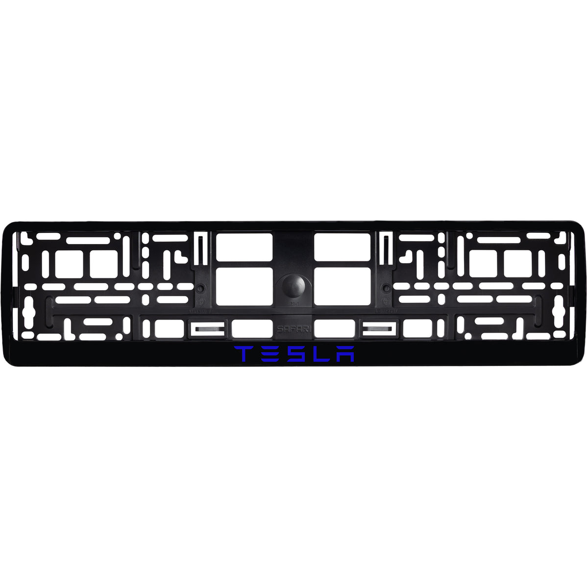 
        gloss black license plate frame with blue tesla text
     