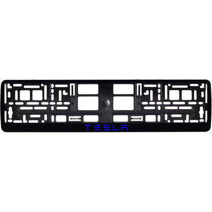 gloss black license plate frame with blue tesla text