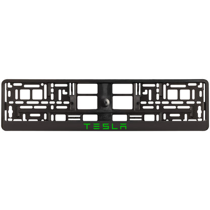 black license plate frame with green tesla text