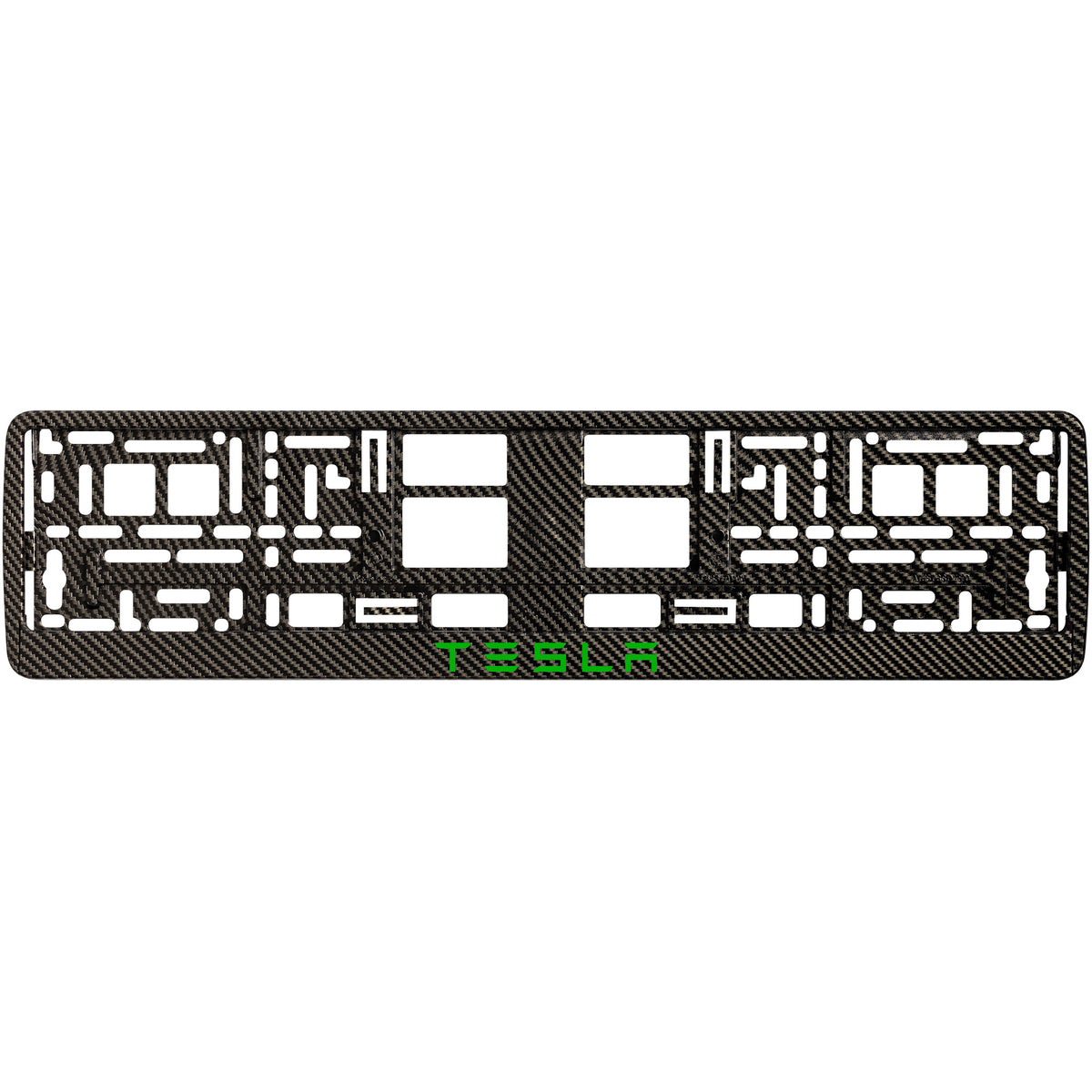
        carbon license plate frame with green tesla text
     