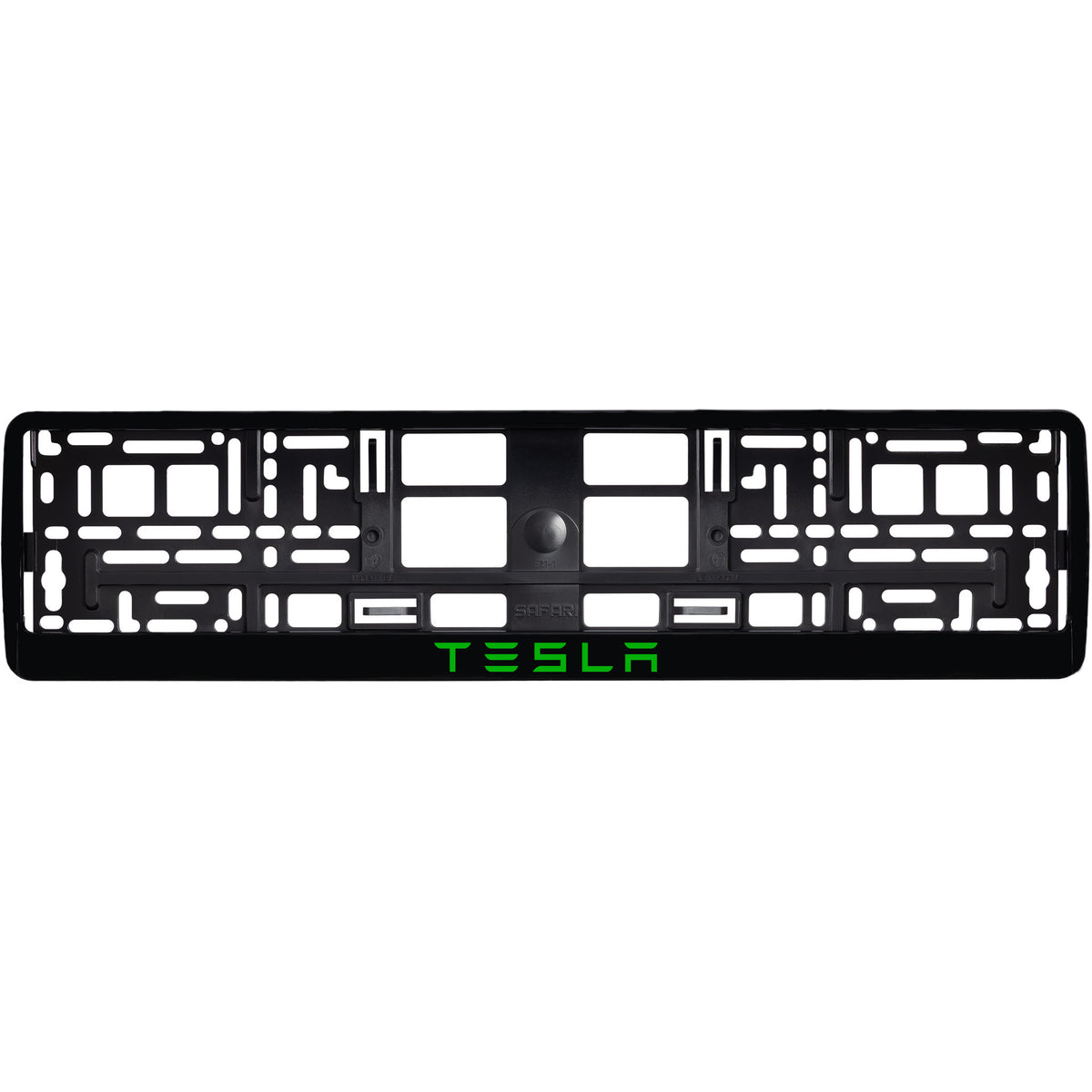 
        gloss black license plate frame with green tesla text
     
