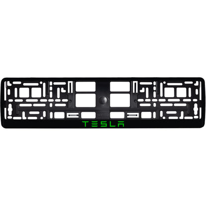 gloss black license plate frame with green tesla text