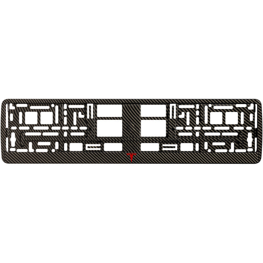carbon license plate with red tesla logo