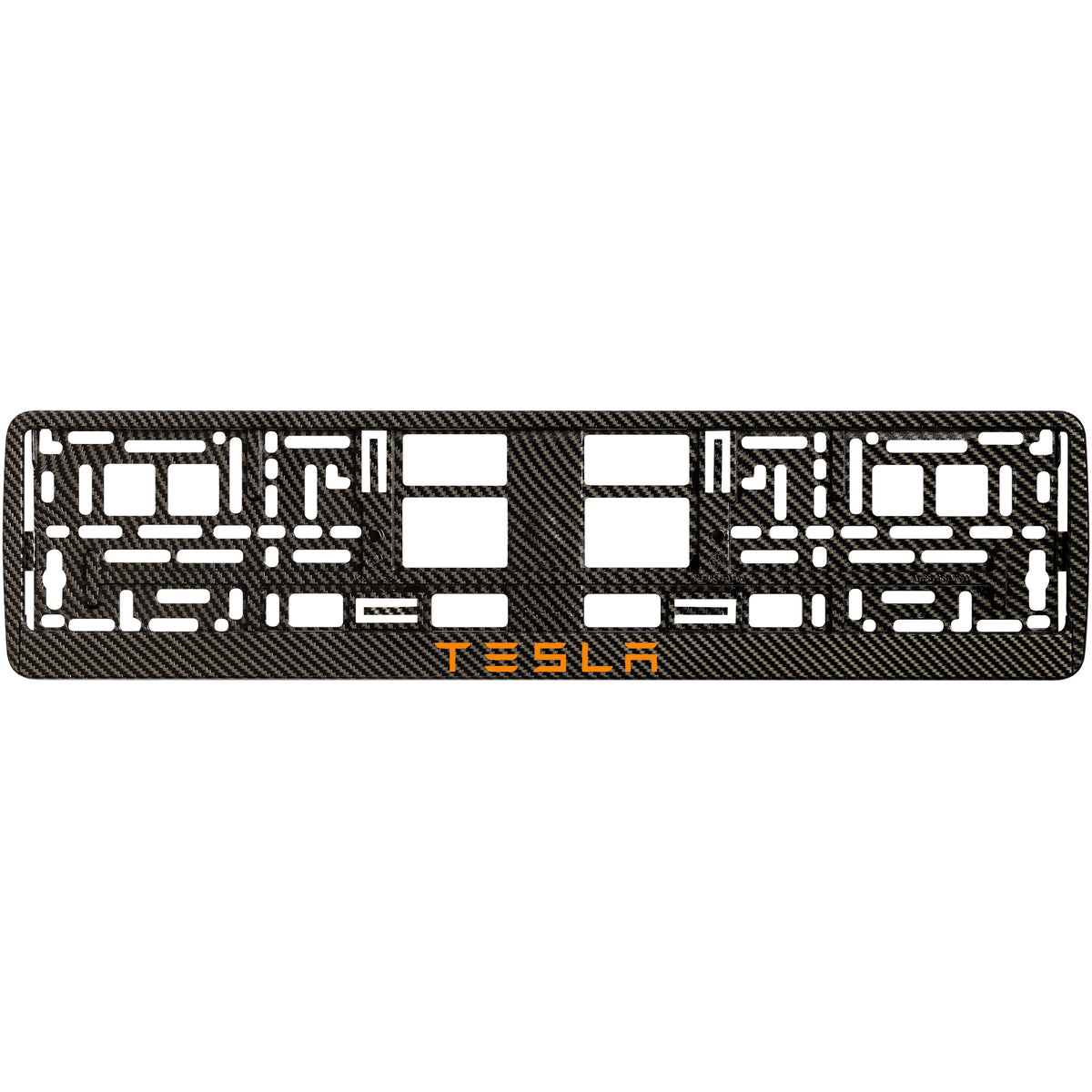 
        carbon license plate frame with orange tesla text
     