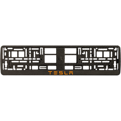 carbon license plate frame with orange tesla text