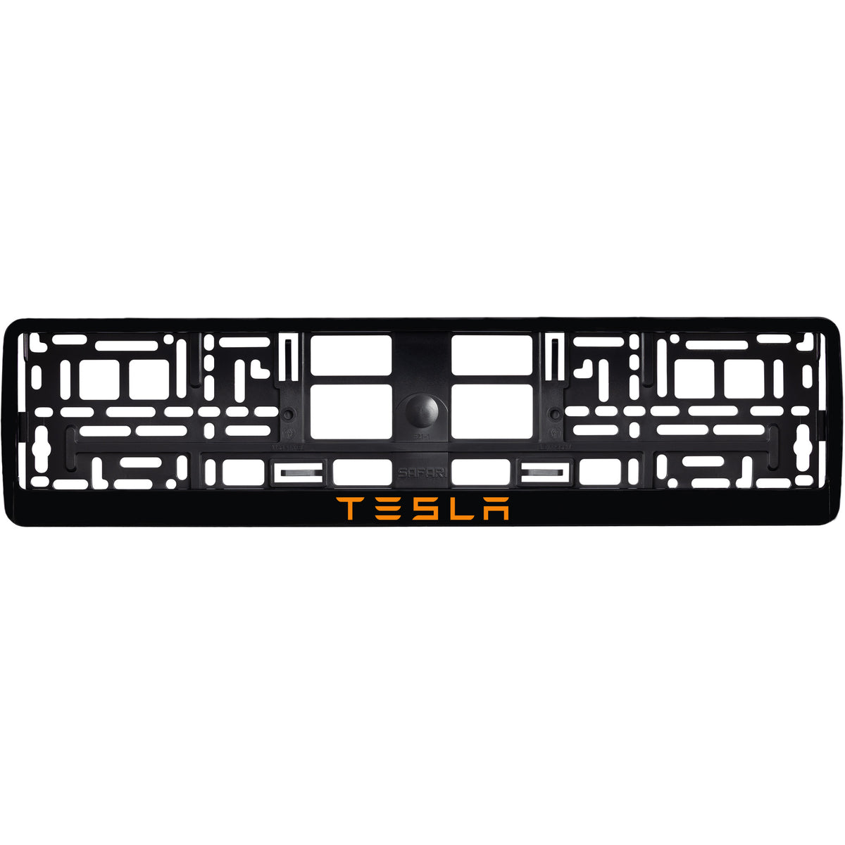
        gloss black license plate frame with orange tesla text
     