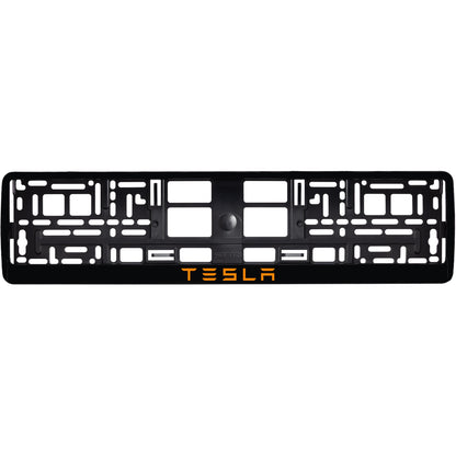 gloss black license plate frame with orange tesla text