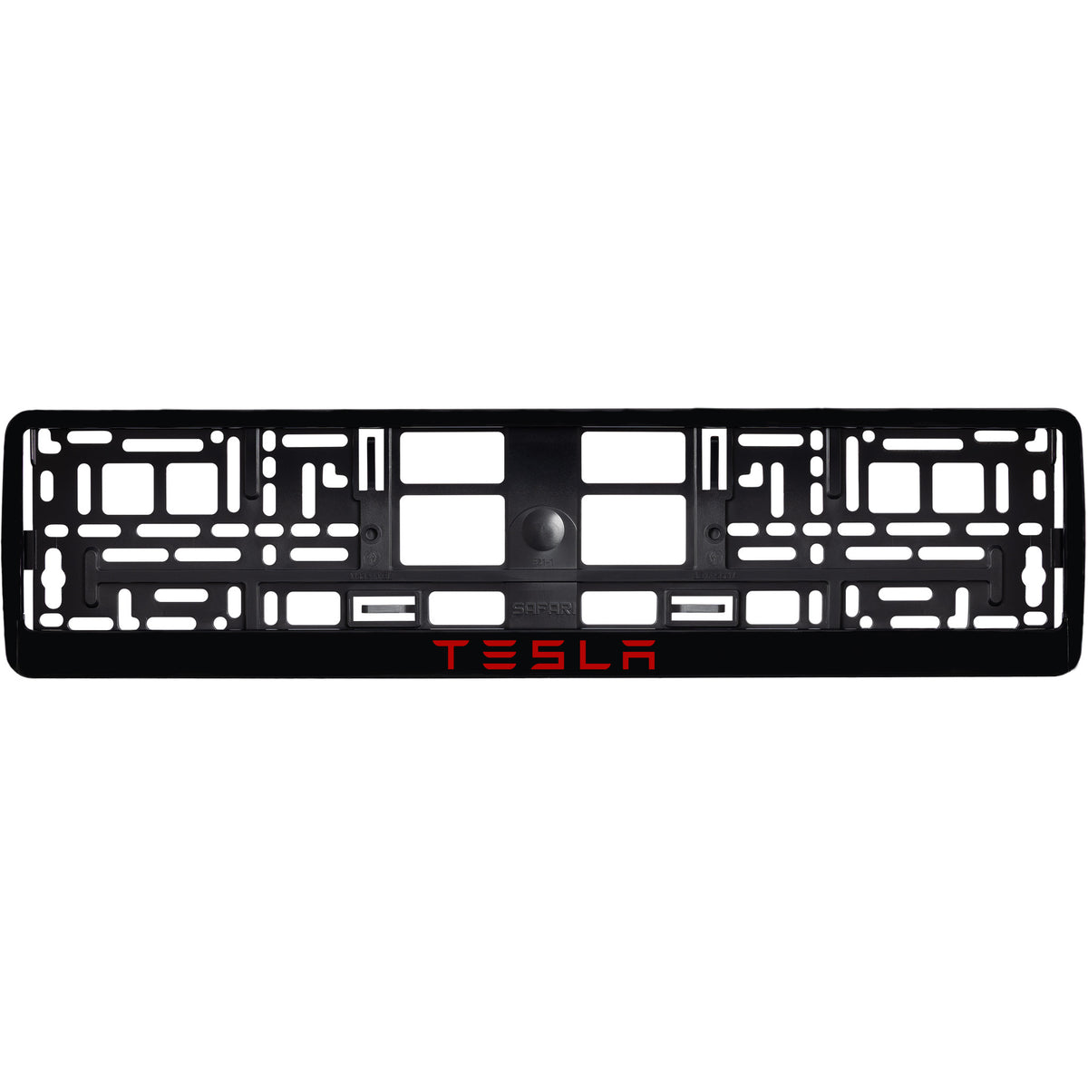 
        gloss black license plate frame with red tesla text
     