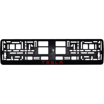gloss black license plate frame with red tesla text
