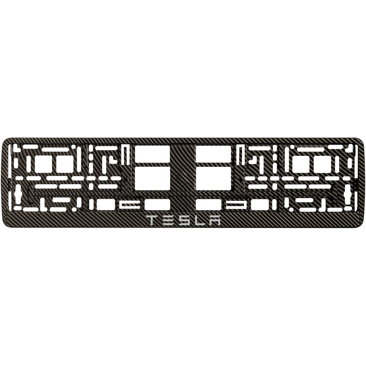
        carbon license plate frame with silver tesla text
     