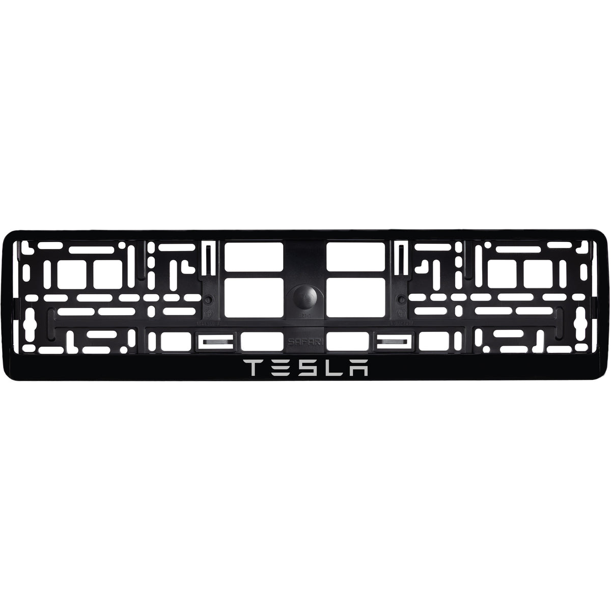 
        gloss black license plate frame with silver tesla text
     