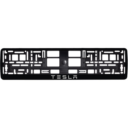 gloss black license plate frame with silver tesla text