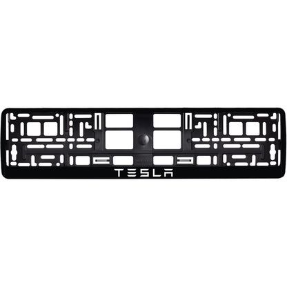 gloss black license plate frame with white tesla text