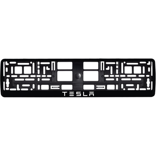 gloss black license plate frame with white tesla text