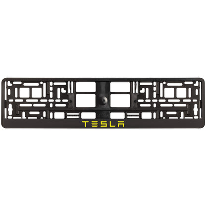 black license plate frame with yellow tesla text