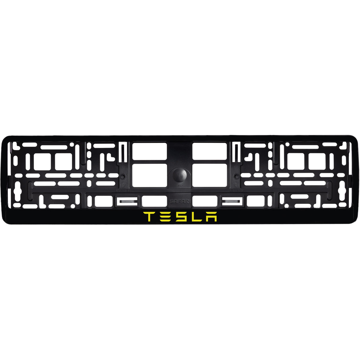 
        gloss black license plate frame with yellow tesla text
     