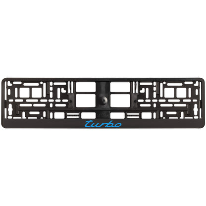 black license plate frame with blue cyan turbo logo