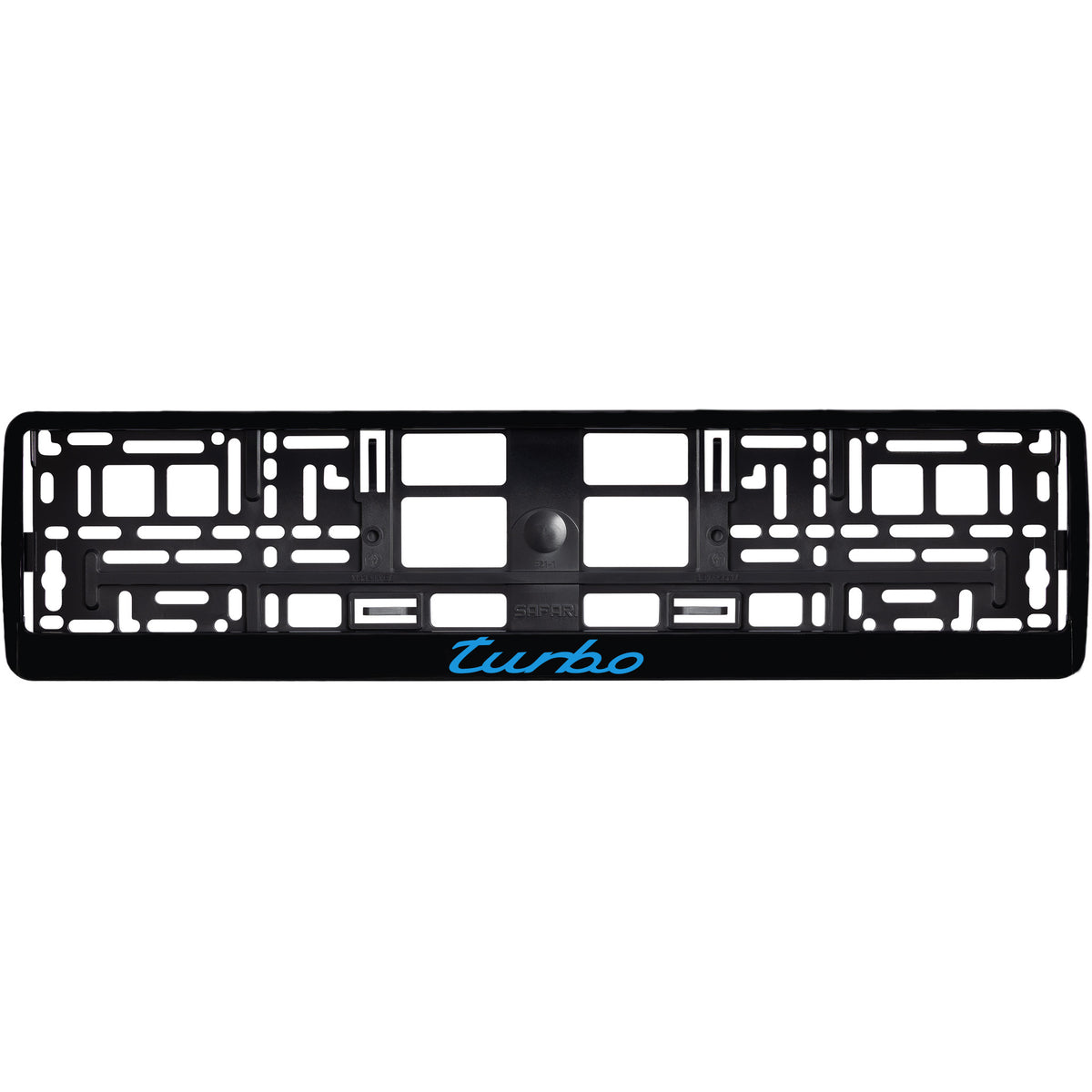 
        gloss black license plate frame with blue cyan turbo logo
     