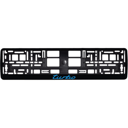 gloss black license plate frame with blue cyan turbo logo