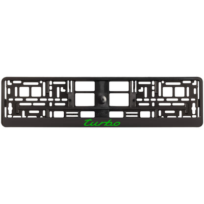 black license plate frame with green turbo logo