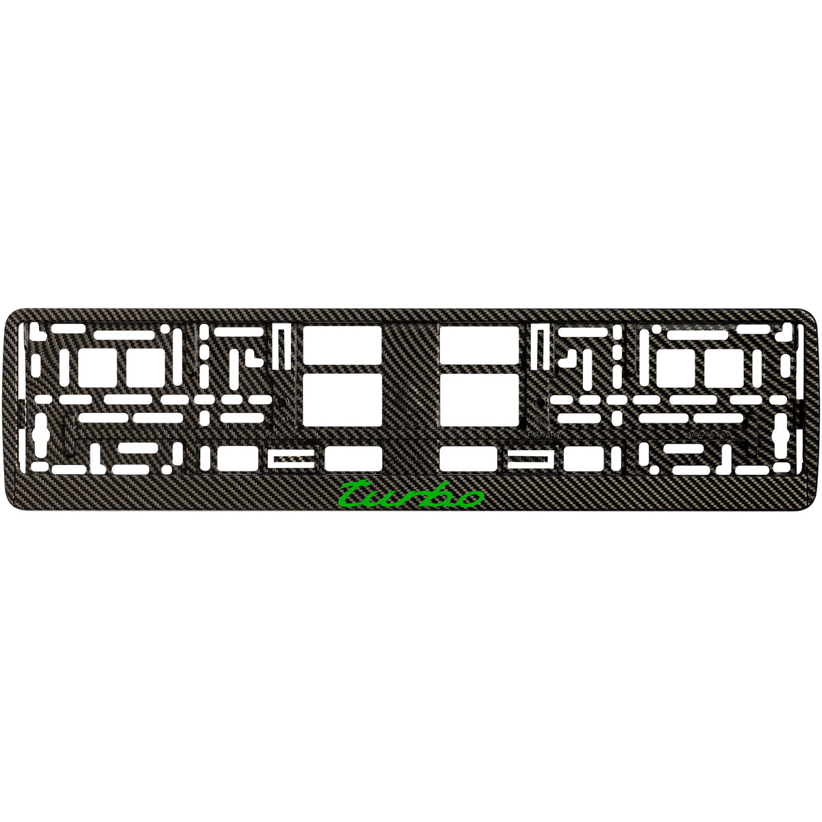 
        Carbon style license plate frame with green turbo logo
     
