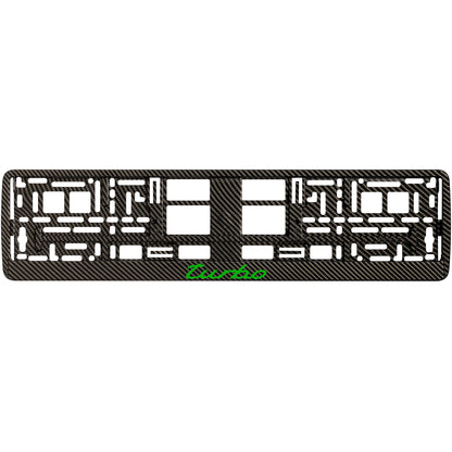 Carbon style license plate frame with green turbo logo
