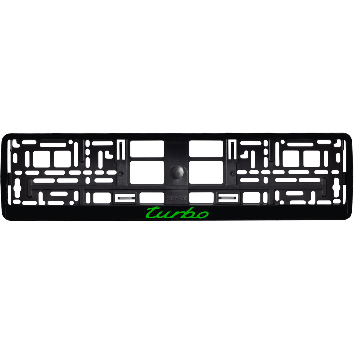 
        gloss black license plate frame with green turbo logo
     