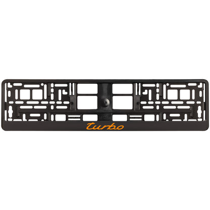 black license plate frame with orange turbo logo