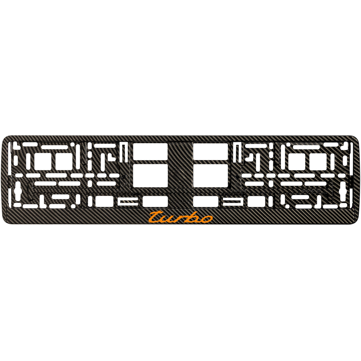 
        Carbon style license plate frame with orange turbo logo
     