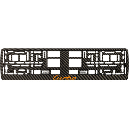 Carbon style license plate frame with orange turbo logo