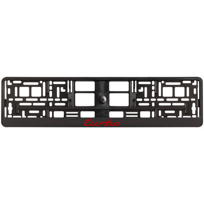 black license plate frame with red turbo logo