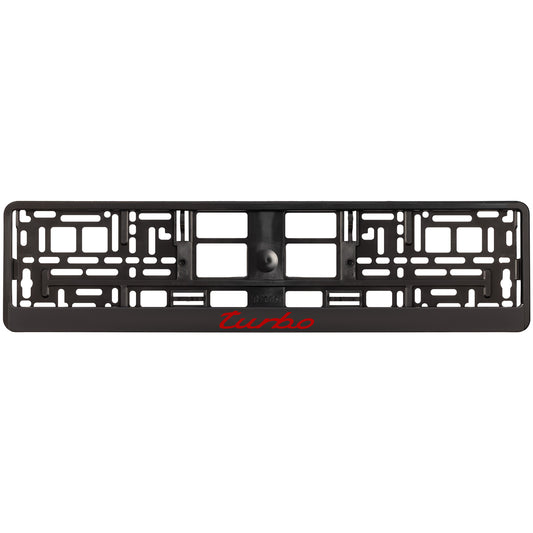 black license plate frame with red turbo logo