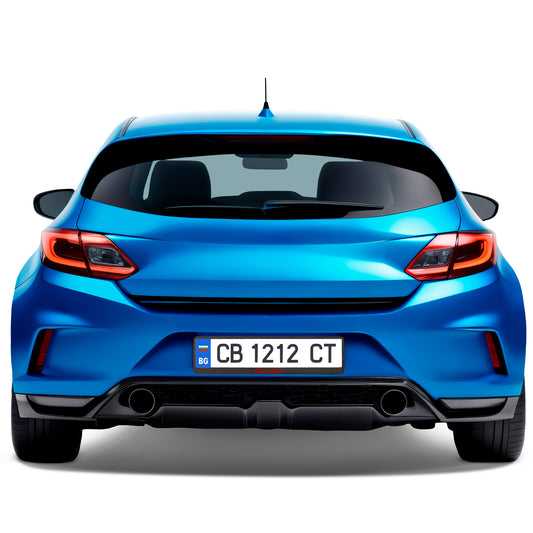 Carbon style license plate frame with red turbo logo on car