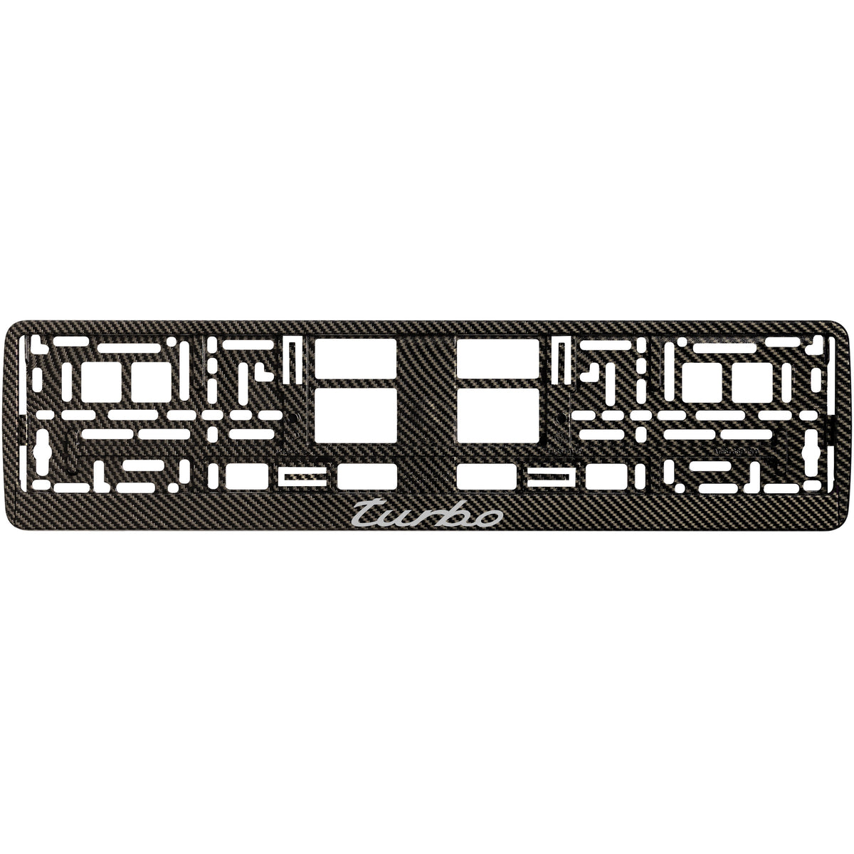 
        Carbon style license plate frame with silver turbo logo
     