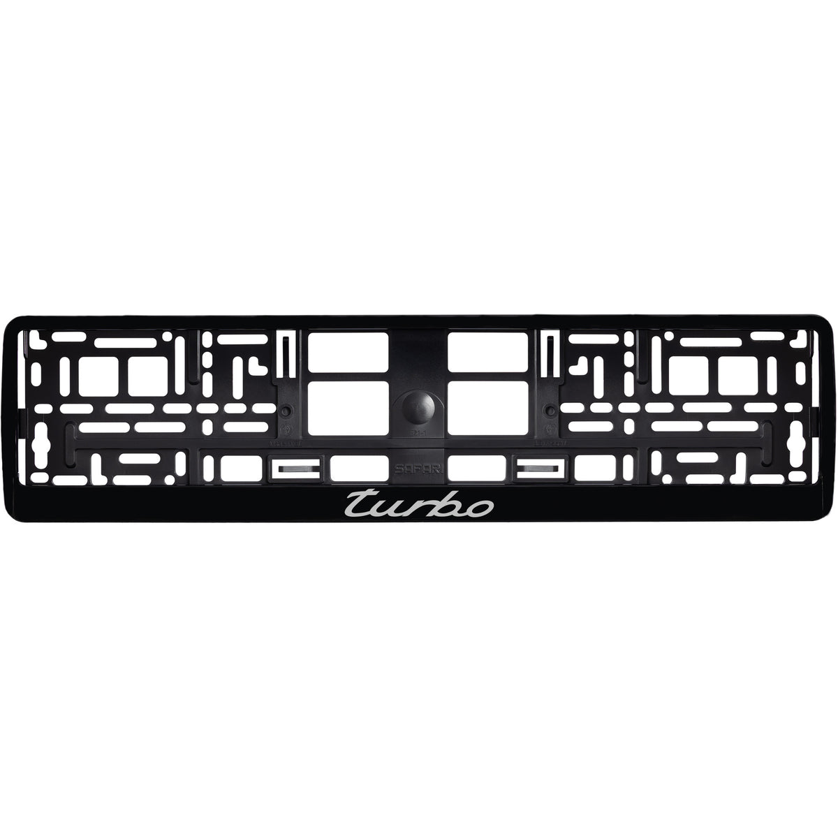 
        gloss black license plate frame with red silver logo
     
