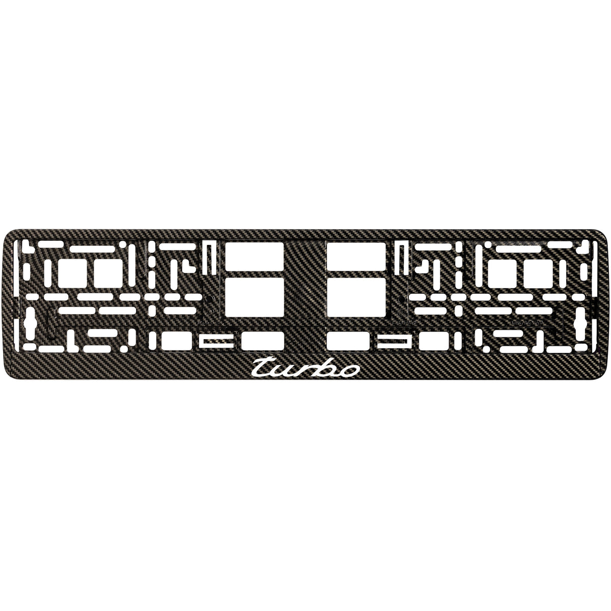 
        Carbon style license plate frame with white turbo logo
     
