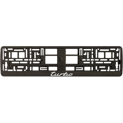 Carbon style license plate frame with white turbo logo