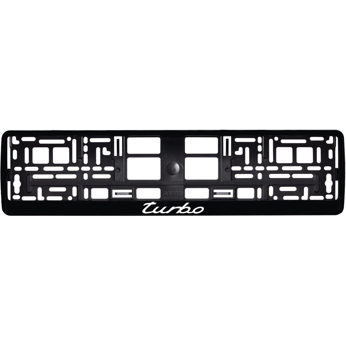 
        gloss black license plate frame with red white logo
     