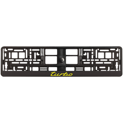 black license plate frame with yellow turbo logo