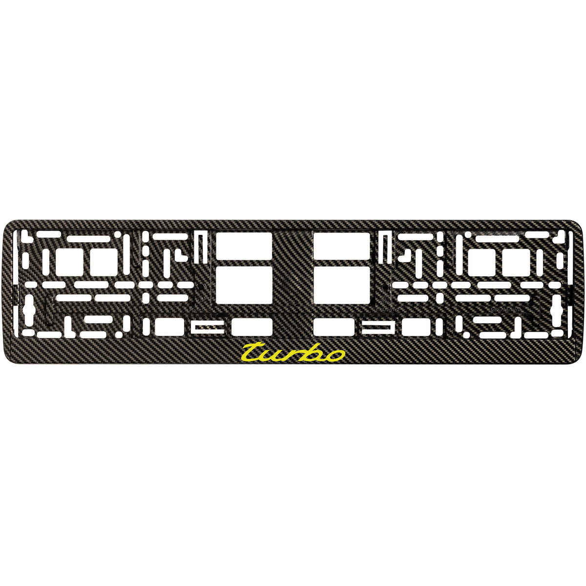 
        Carbon style license plate frame with yellow turbo logo
     