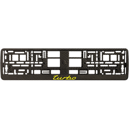 Carbon style license plate frame with yellow turbo logo