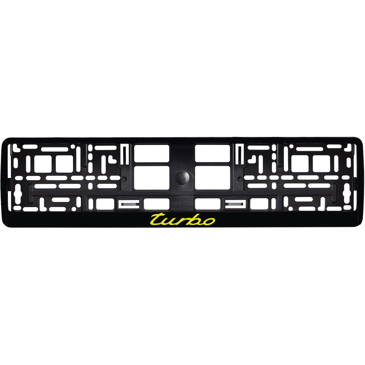 
        gloss black license plate frame with red yellow logo
     