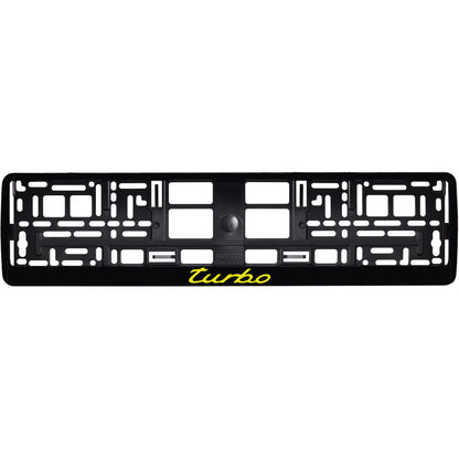 gloss black license plate frame with red yellow logo